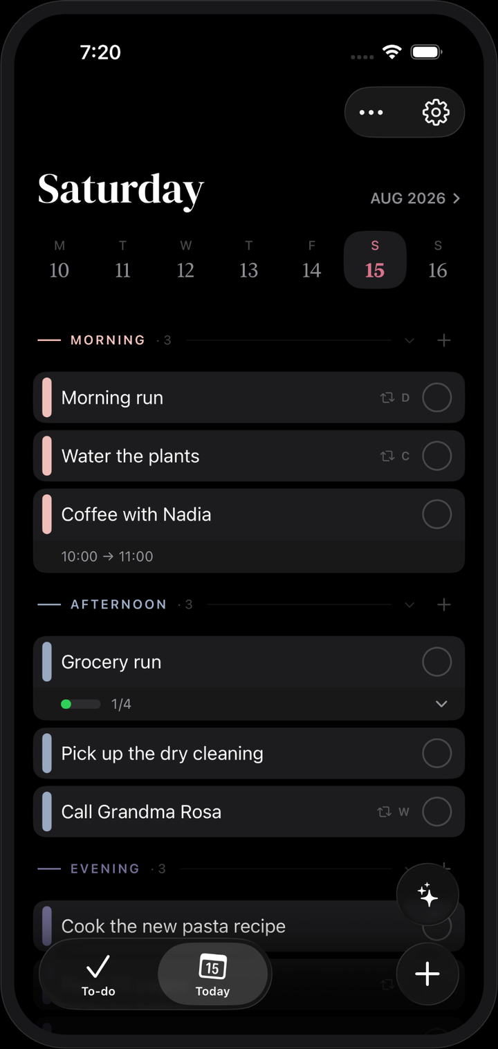Imerin Today screen showing Saturday grouped into morning, afternoon and evening