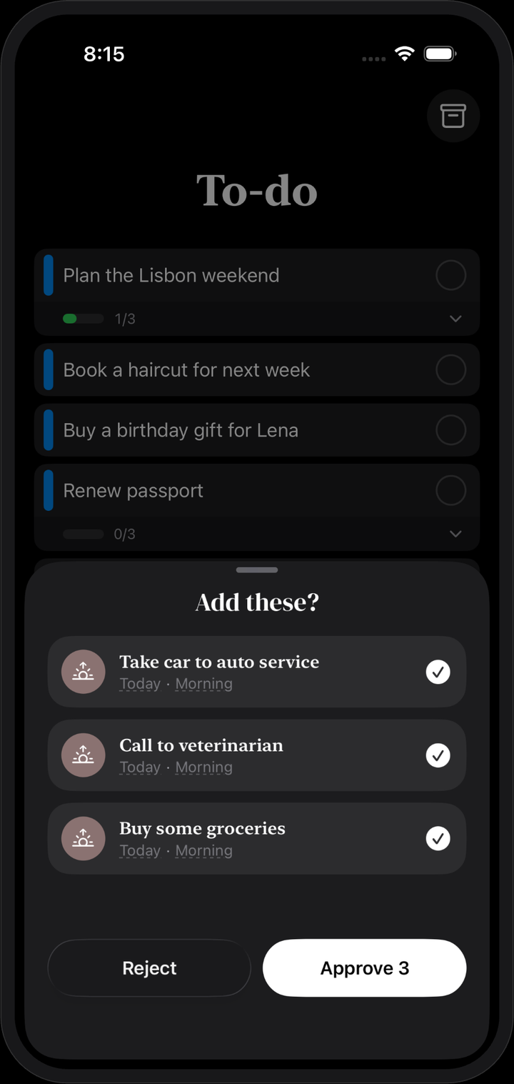 Preview of three parsed tasks with an Approve button