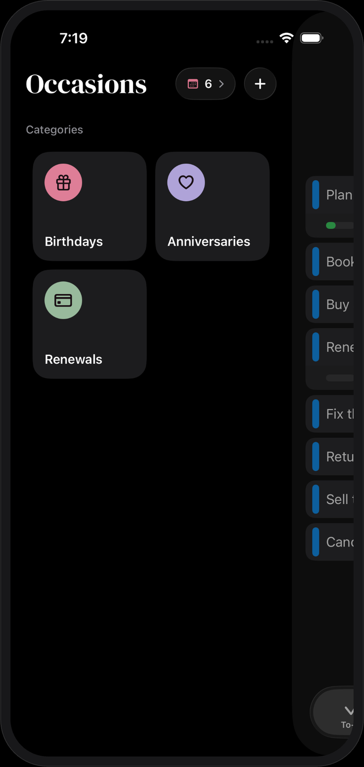 Occasions categories: birthdays, anniversaries, renewals